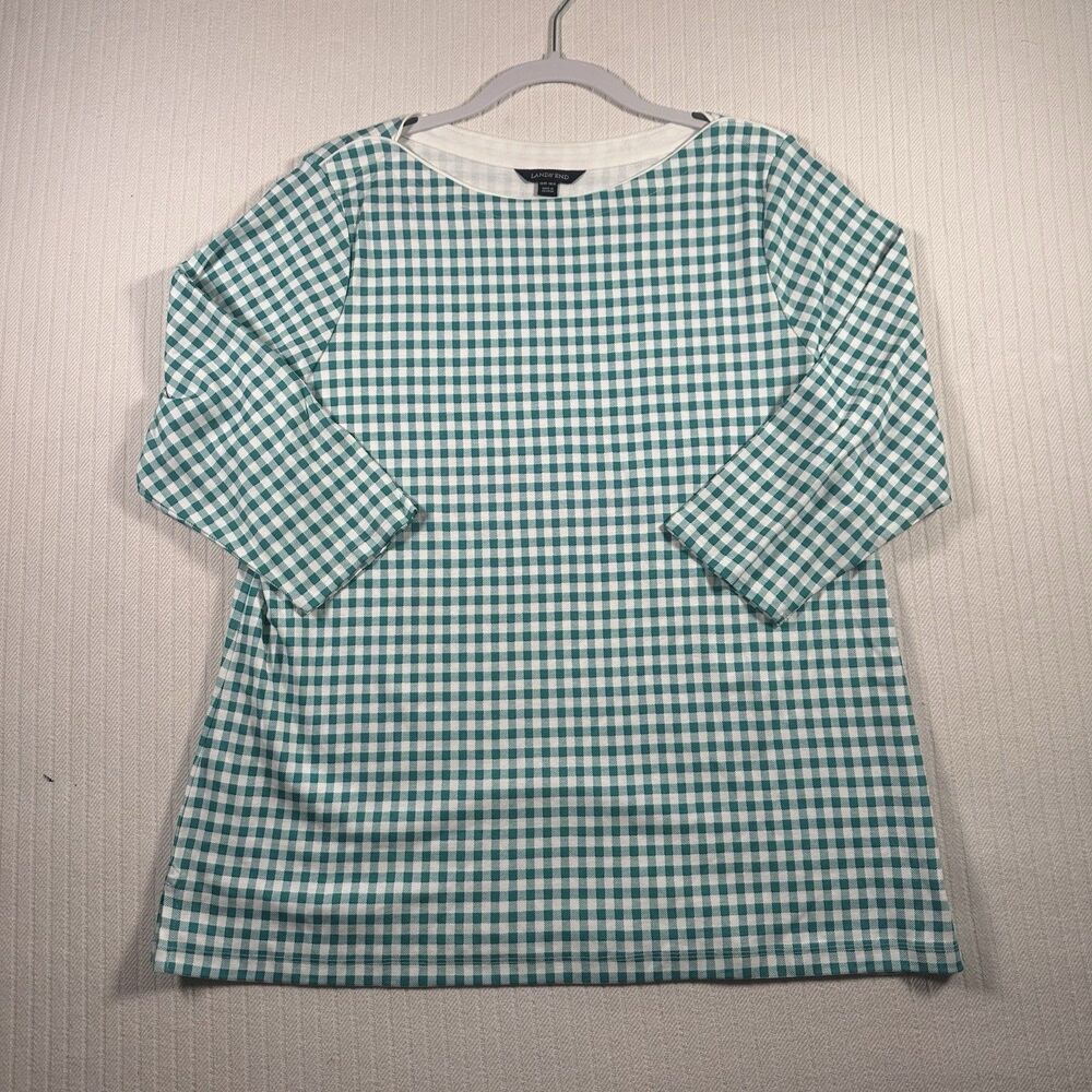 Lands' End Women’s Teal White Gingham Boatneck 3/4 Sleeve Knit Top 16W Plus
